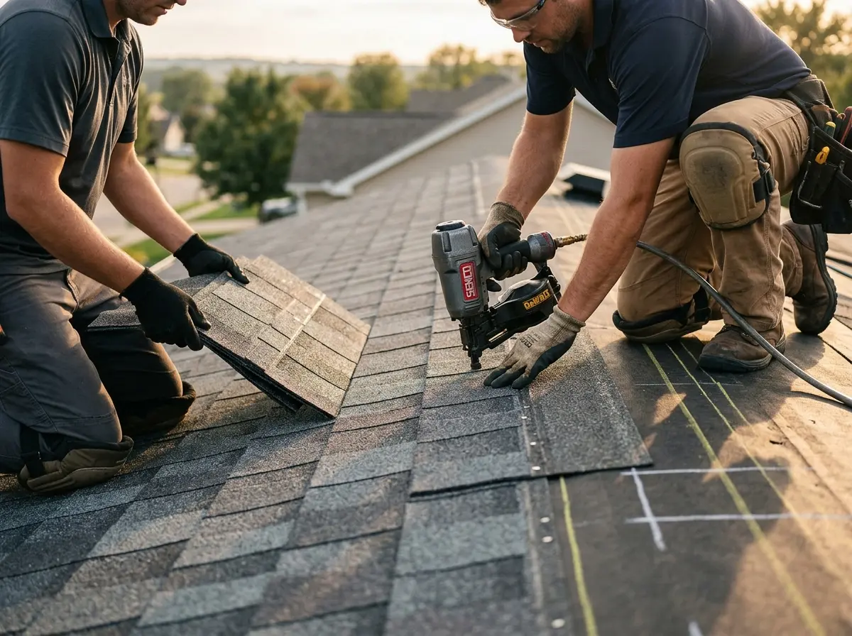 Professional roofer working on a residential roof in Franconia